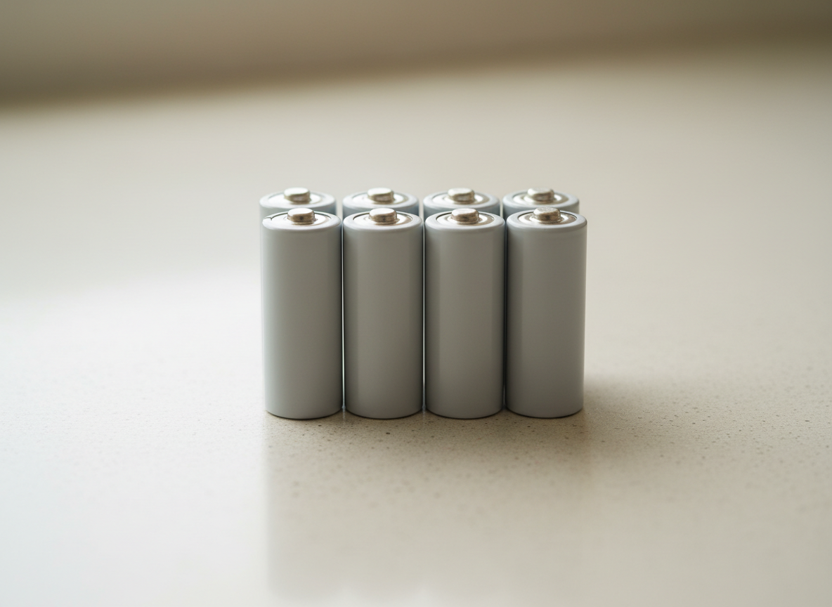A group of AA batteries on a light surface