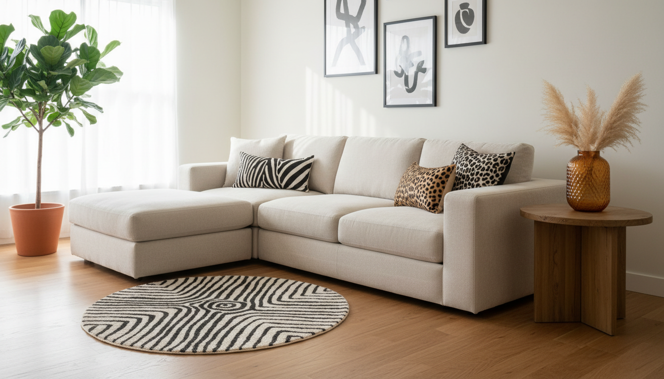 Illustrative image of a living room styled with zebra and leopard print pillows, a zebra rug and an amber vase
