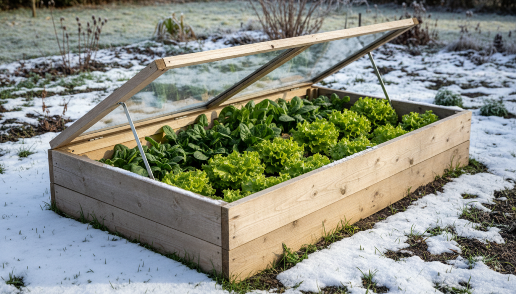 Illustrative image of a wooden cold frame with an open lid and lettuce growing inside, with light snow around it