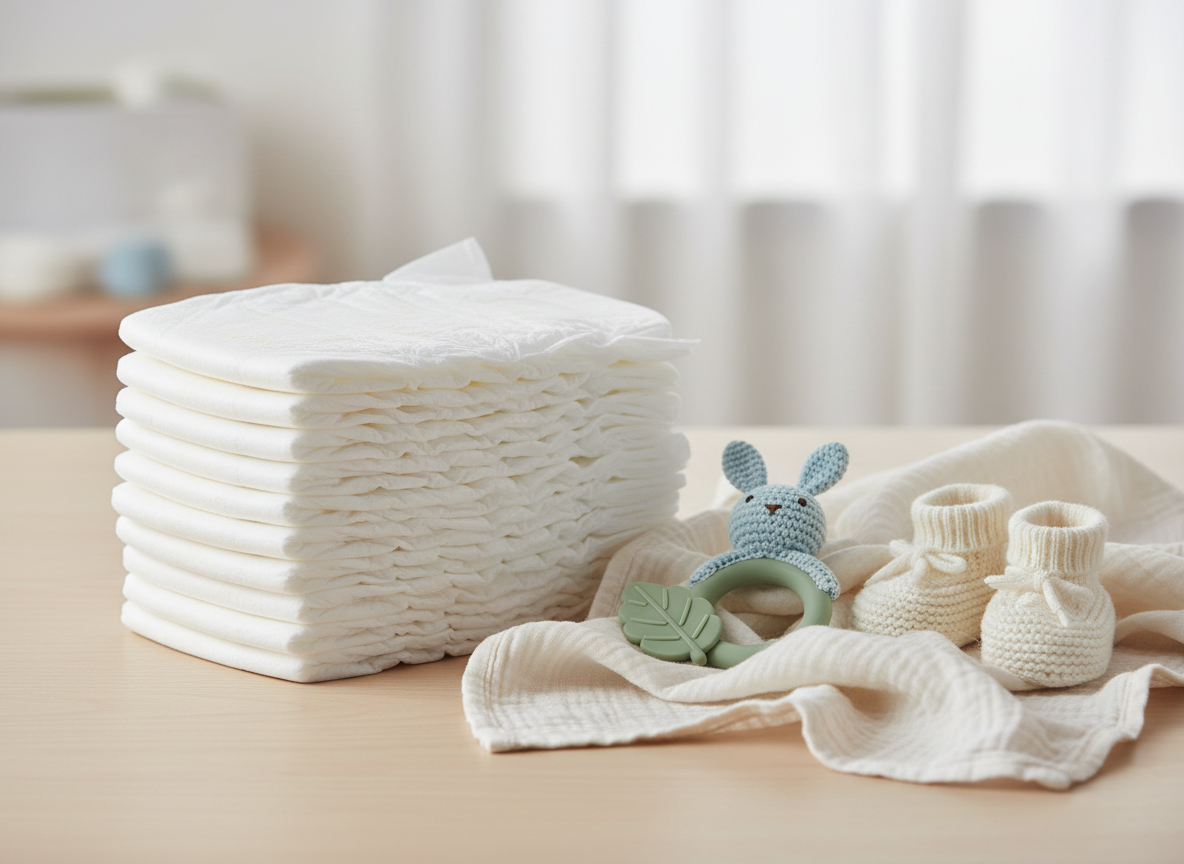 Stack of baby diapers, guide to choosing diaper size and fit