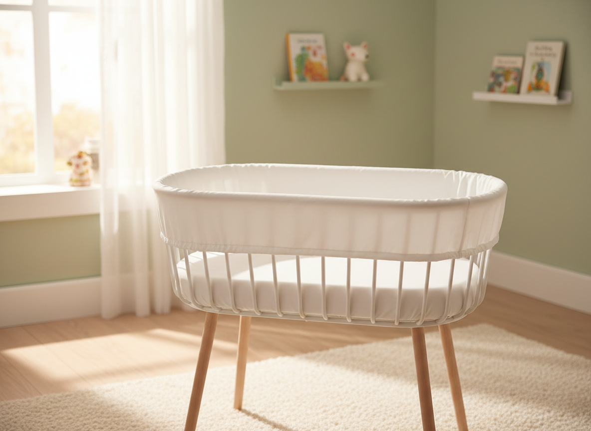 Newborn bassinet beside a bed, guide to choosing a safe bassinet