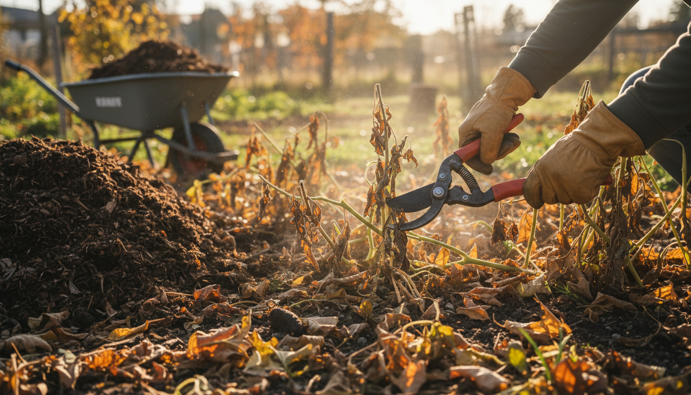 Illustrative image of a gardener cleaning up a fall vegetable bed with pruning shears among fallen leaves