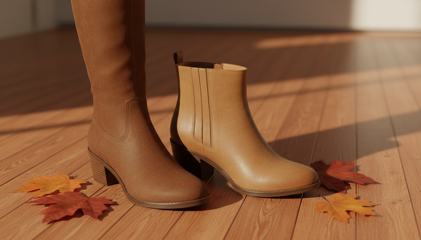 Illustrative image of a brown suede knee-high boot and a tan ankle bootie among autumn leaves