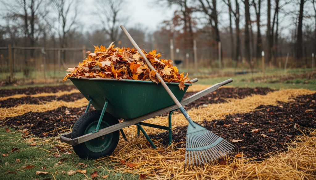 Illustrative image of a wheelbarrow of raked autumn leaves beside a garden bed covered in compost and mulch