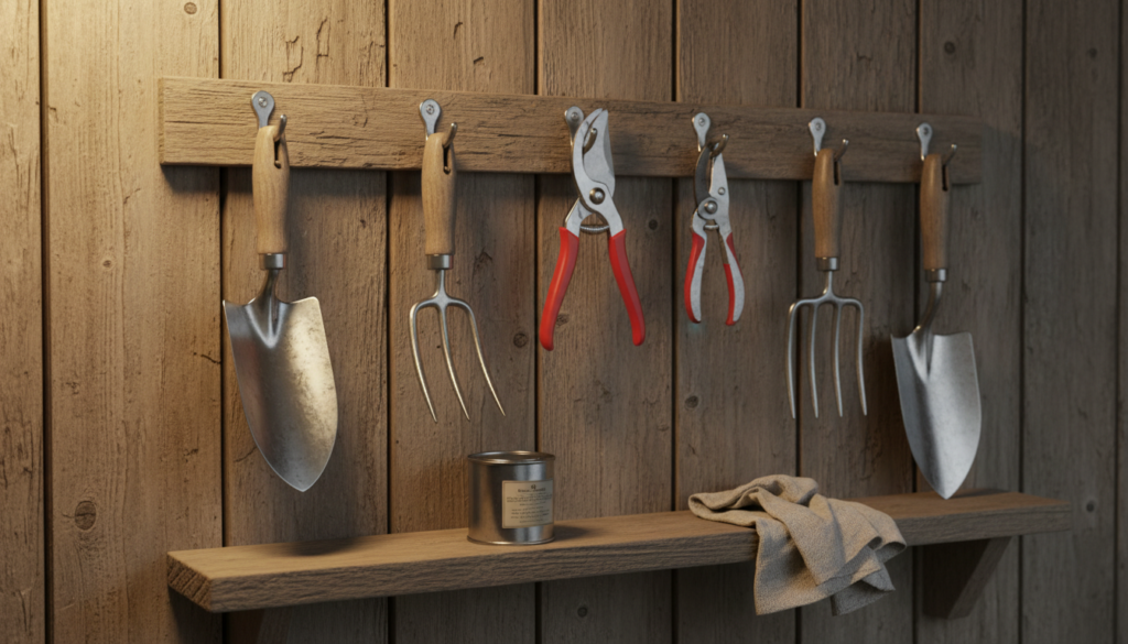 Illustrative image of cleaned garden tools hung on a wooden shed wall ready for winter storage