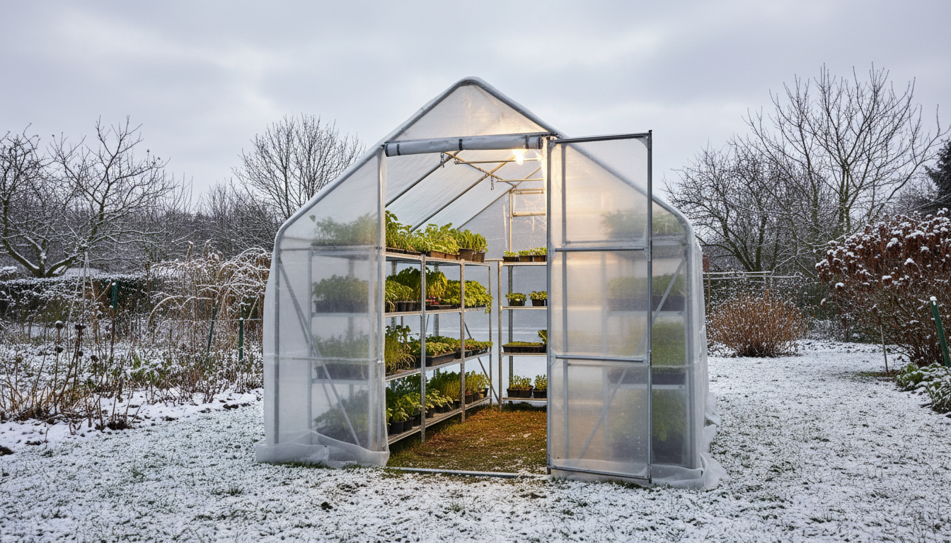 Illustrative image of a small walk-in greenhouse with shelves of plants in a snowy winter garden