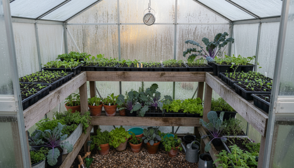 Illustrative image of tiered greenhouse shelves with seedlings, herbs and winter greens
