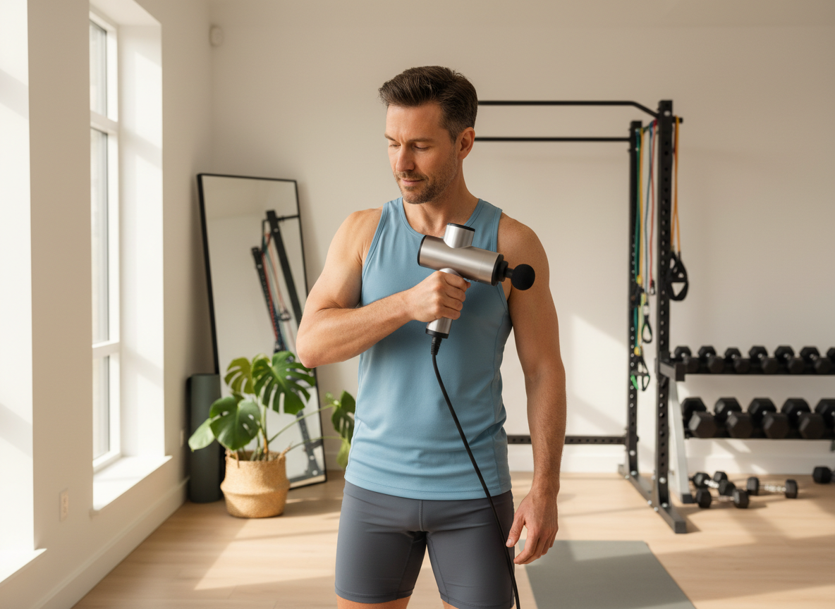 Person using a handheld massage gun on their shoulder