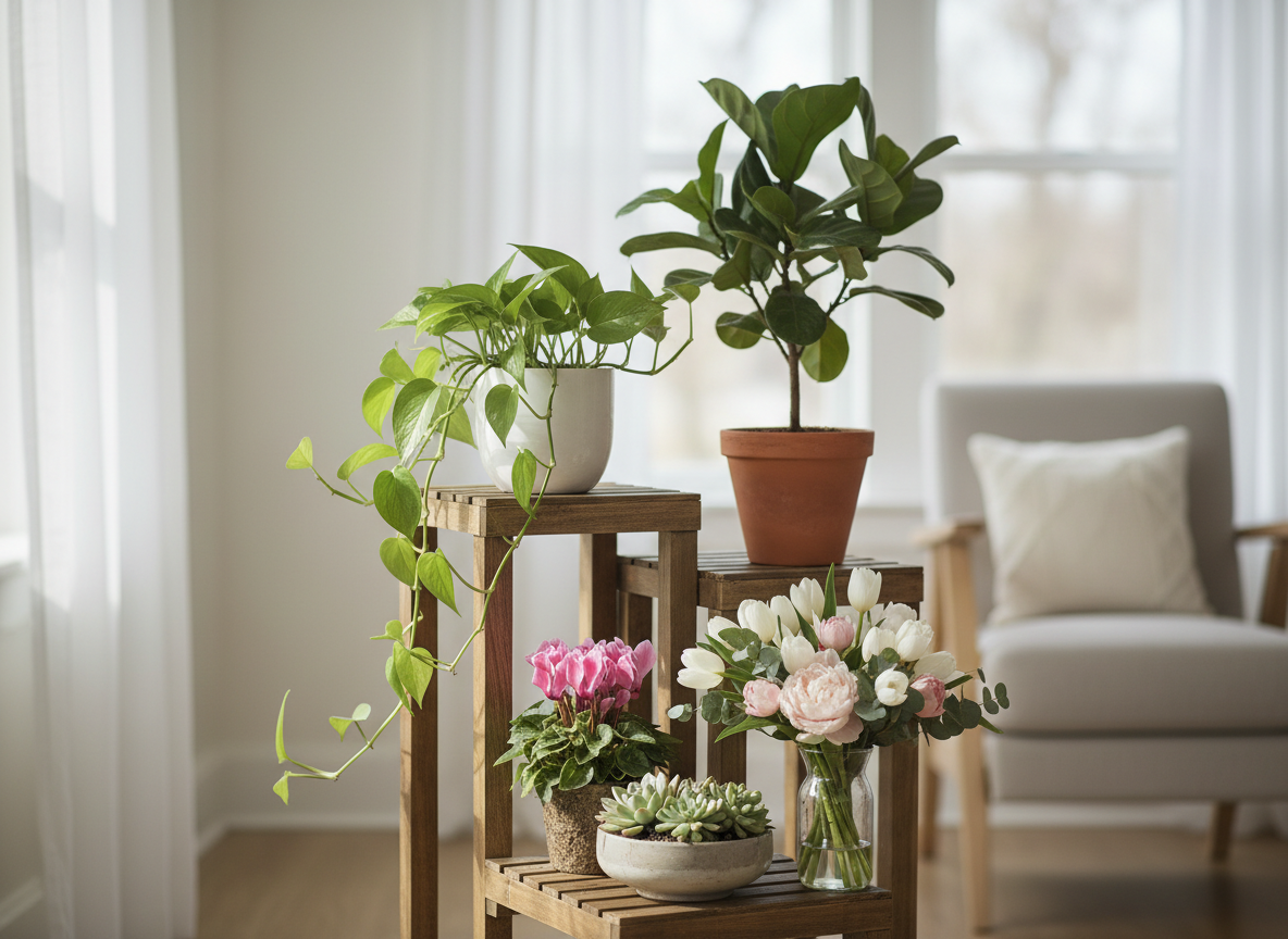 Potted plants and a bouquet arranged as a Mother's Day gift