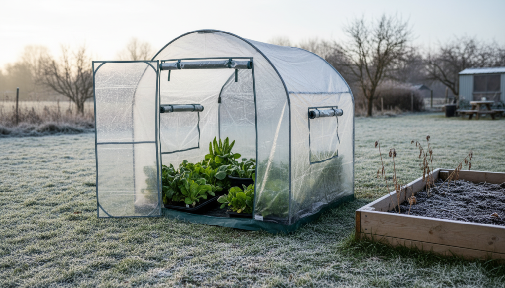 Illustrative image of a small pop-up greenhouse with a roll-up door on a frosty lawn in winter