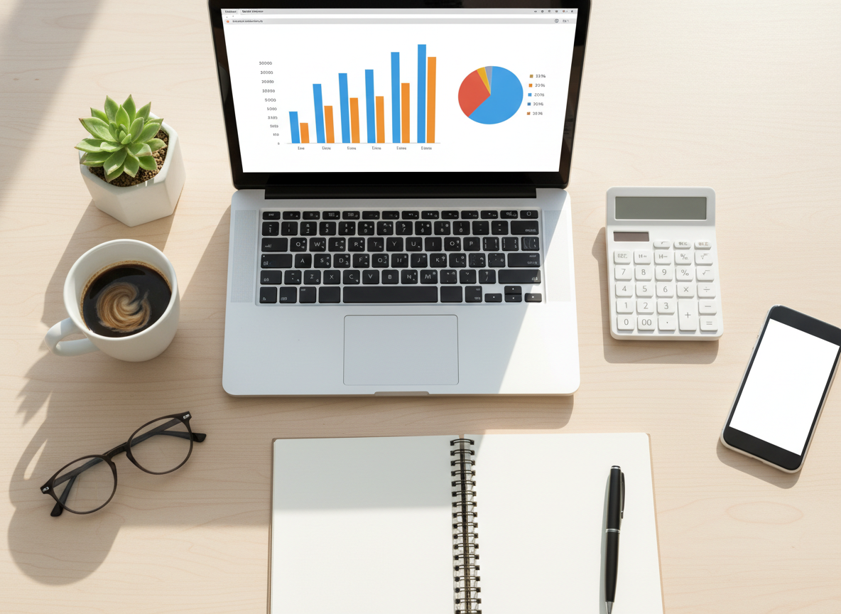 Desk with laptop, calculator and notebook for small business accounting