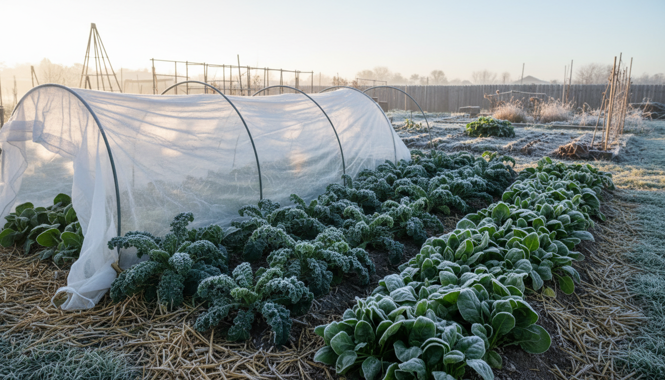Illustrative image of frosty kale and spinach in a winter garden bed with a row cover tunnel
