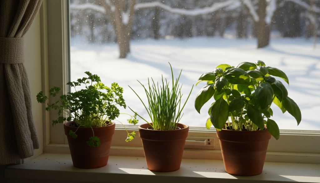 Illustrative image of potted herbs growing on a sunny windowsill with snow outside