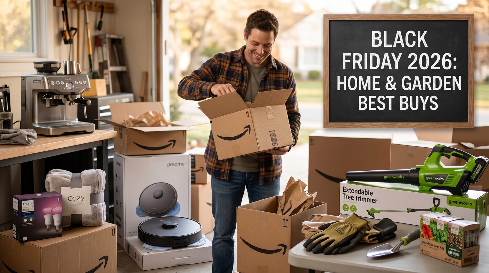 Shopper unpacking Amazon boxes next to a Black Friday 2026 home and garden sign