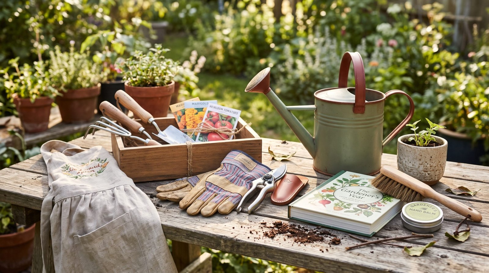 Garden gloves, pruning shears, seed packets and a watering can on a wooden potting bench